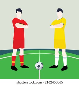 Match preview displaying two male footballers within a football field vector illustration. Belgium vs Ukraine.