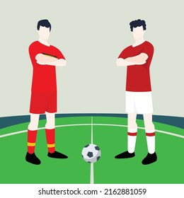 Vista previa de partidos que muestra dos futbolistas machos dentro de una ilustración vectorial de campo de fútbol. Bélgica vs Polonia.