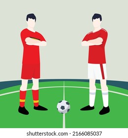 Match preview displaying two male football player within a soccer field vector illustration. Belgium vs Wales.