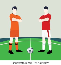 Match preview displaying two male footballers within a football field vector illustration. Netherlands vs Wales.