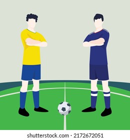 Match preview displaying two male footballers within a football field vector illustration. Brazil vs Japan.