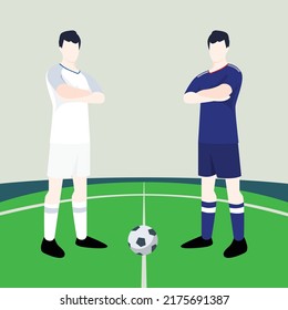 Match preview displaying two male footballers within a football field vector illustration. England vs Japan.