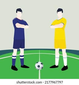 Match preview displaying two male footballers within a football field vector illustration. Japan vs Ukraine.