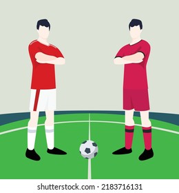 Match preview displaying two male footballers within a football field vector illustration. Wales vs South Korea.