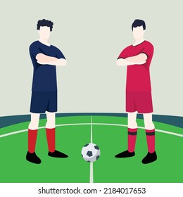 Match preview displaying two male footballers within a football field vector illustration. France vs South Korea.