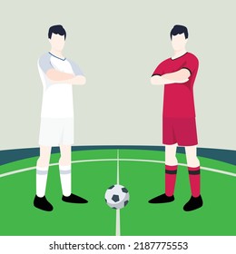 Match preview displaying two male footballers within a football field vector illustration. England vs South Korea.