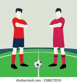 Match preview displaying two male footballers within a football field vector illustration. Spain vs South Korea.