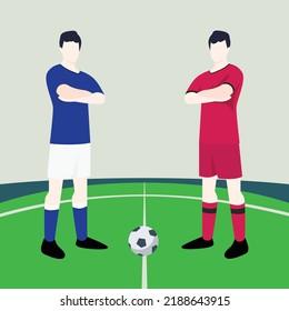 Vista previa de partidos que muestra dos futbolistas machos dentro de una ilustración vectorial de campo de fútbol. Italia vs Corea del Sur.