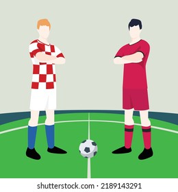 Match preview displaying two male footballers within a football field vector illustration. Croatia vs South Korea.