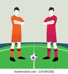 Match preview displaying two male footballers within a football field vector illustration. Netherlands vs South Korea.