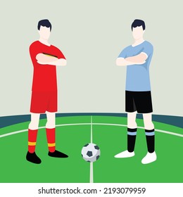 Match preview displaying two male footballers within a football field vector illustration. Belgium vs Uruguay.