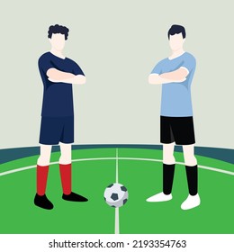 Match preview displaying two male footballers within a football field vector illustration. France vs Uruguay.