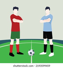 Match preview displaying two male footballers within a football field vector illustration. Portugal vs Uruguay.