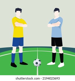 Match preview displaying two male footballers within a football field vector illustration. Brazil vs Uruguay.