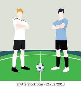 Match preview displaying two male footballers within a football field vector illustration. Germany vs Uruguay.