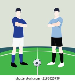 Match preview displaying two male footballers within a football field vector illustration. Italy vs Uruguay.