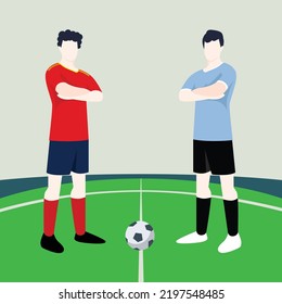 Match preview displaying two male footballers within a football field vector illustration. Spain vs Uruguay.