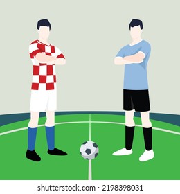 Match preview displaying two male footballers within a football field vector illustration. Croatia vs Uruguay.