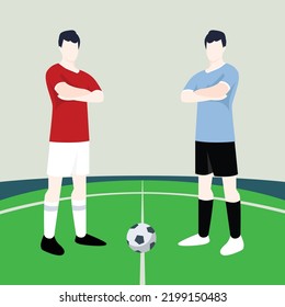 Match preview displaying two male footballers within a football field vector illustration. Poland vs Uruguay.