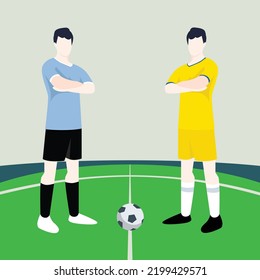 Match preview displaying two male footballers within a football field vector illustration. Uruguay vs Ukraine.