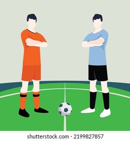 Match preview displaying two male footballers within a football field vector illustration. Netherlands vs Uruguay.