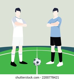 Match preview displaying two male footballers within a football field vector illustration. England vs Uruguay.