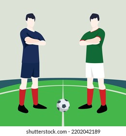 Match preview displaying two male footballers within a football field vector illustration. France vs Mexico.