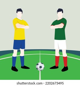Vista previa de partidos que muestra dos futbolistas machos dentro de una ilustración vectorial de campo de fútbol. Brasil vs México.