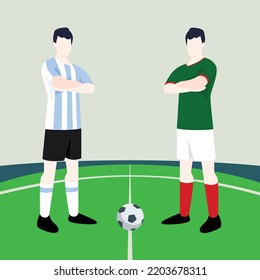 Match preview displaying two male footballers within a football field vector illustration. Argentina vs Mexico.