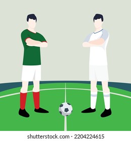 Match preview displaying two male footballers within a football field vector illustration. Mexico vs England .