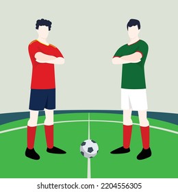 Match preview displaying two male footballers within a football field vector illustration. Spain vs Mexico.