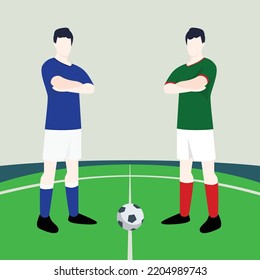 Match preview displaying two male footballers within a football field vector illustration. Italy vs Mexico.