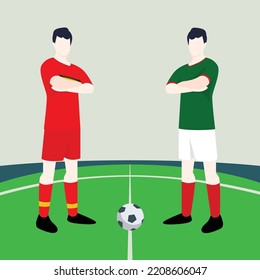 Match preview displaying two male footballers within a football field vector illustration. Belgium vs Mexico.