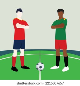 Match preview displaying two male footballers within a football field vector illustration. Spain vs Cameroon.