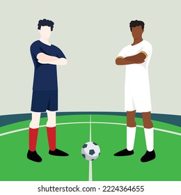 Match preview displaying two male footballers within a football field vector illustration. France vs Ghana.