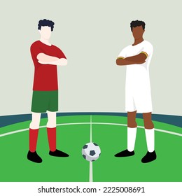 Match preview displaying two male footballers within a football field vector illustration. Portugal vs Ghana.