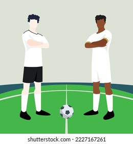 Match preview displaying two male footballers within a football field vector illustration. Germany vs Ghana.