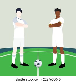 Match preview displaying two male footballers within a football field vector illustration. England vs Ghana.