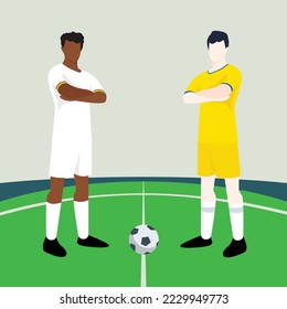 Match preview displaying two male footballers within a football field vector illustration. Ghana vs Ukraine.