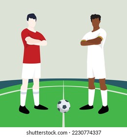 Vista previa de partidos que muestra dos futbolistas machos dentro de una ilustración vectorial de campo de fútbol. Polonia vs Ghana.