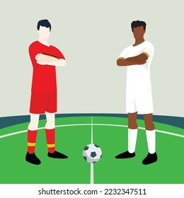 Match preview displaying two male footballers within a football field vector illustration. Belgium vs Ghana.