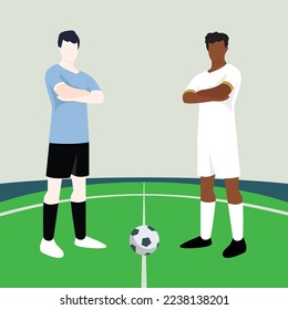 Match preview displaying two male footballers within a football field vector illustration. Uruguay vs Ghana.