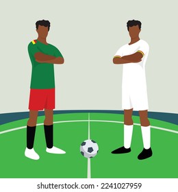 Match preview displaying two male footballers within a football field vector illustration. Cameroon vs Ghana.