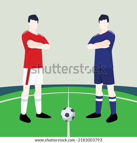 Match preview displaying two male footballers within a football field vector illustration. Wales vs Japan.