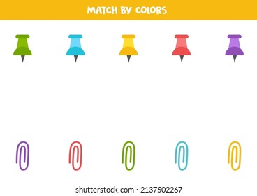 Coincide entre pines y clips de papel por colores. Juego educativo lógico para niños.