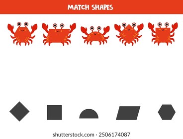 Match red crabs and geometrical 2d shapes. Logical educational game for kids.