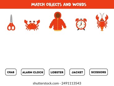 Match red objects with written words. Educational worksheet for kids.