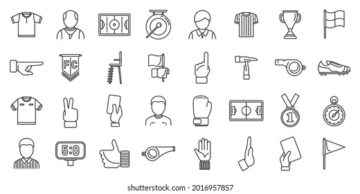 Match referee icons set outline vector. Player card. Referee whistle