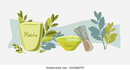 Match. Refreshing green drink. A plate for the Match, dishes ,a whisk for the mast. Green tea leaves. Matcha powder. Set "Matcha and dishes". Cooking matches.	