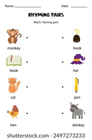 Match rhyming pair. Educational worksheet for kids.